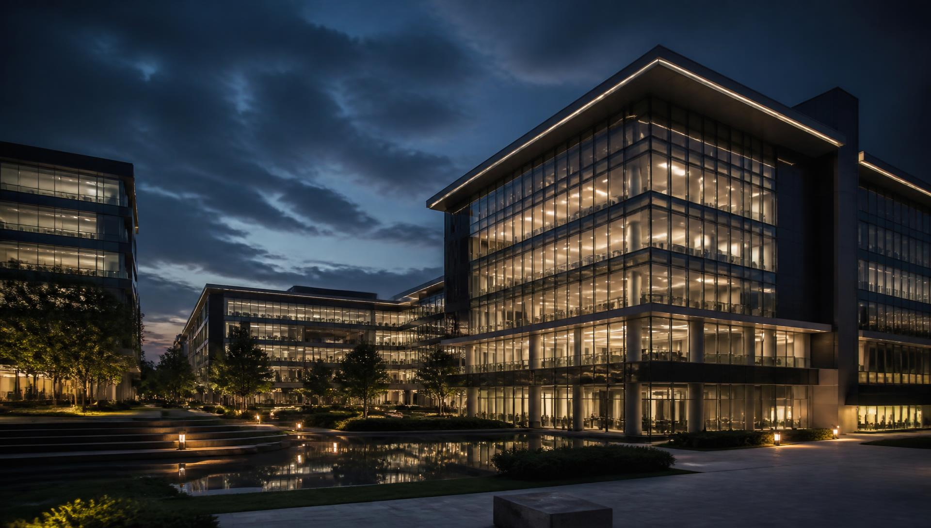 Modern commercial complex at dusk with lit interiors