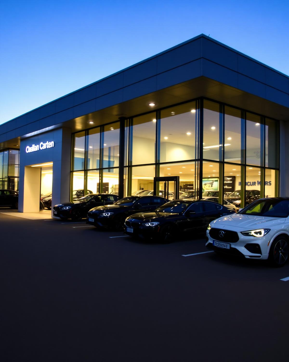 Car dealership showroom exterior with clean forecourt at dusk