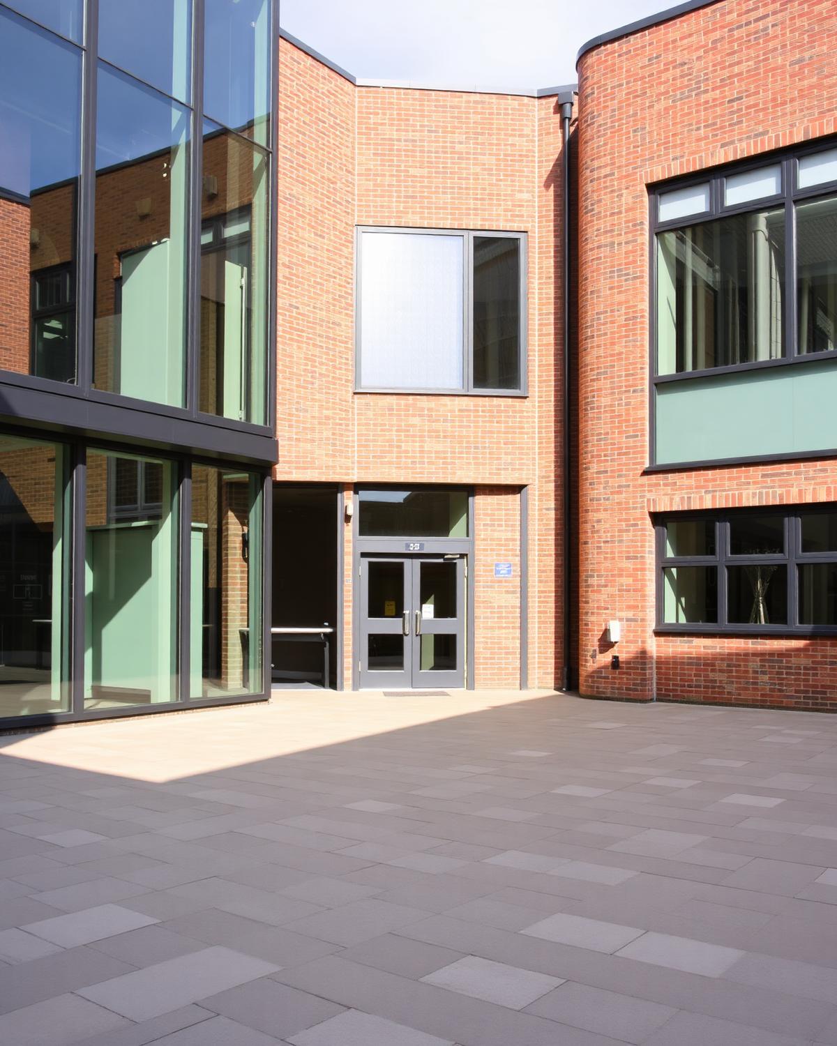 Contemporary UK school building exterior courtyard