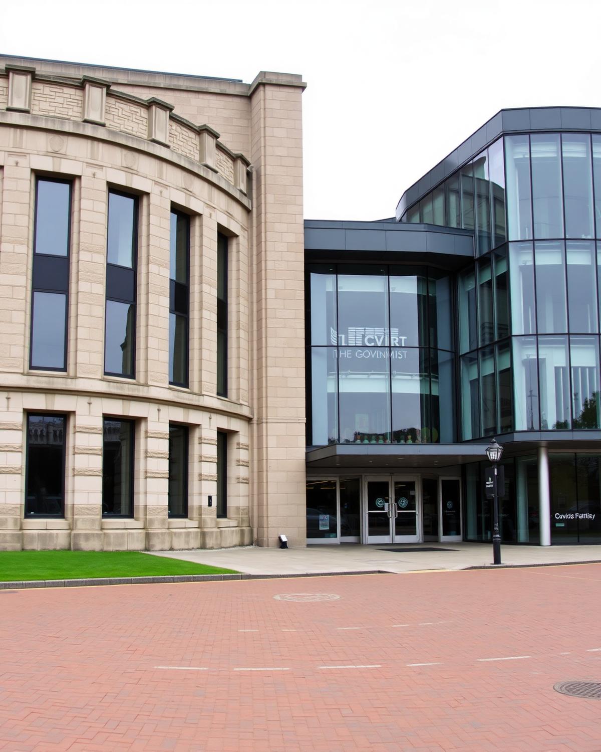 UK civic government building exterior with paved approach