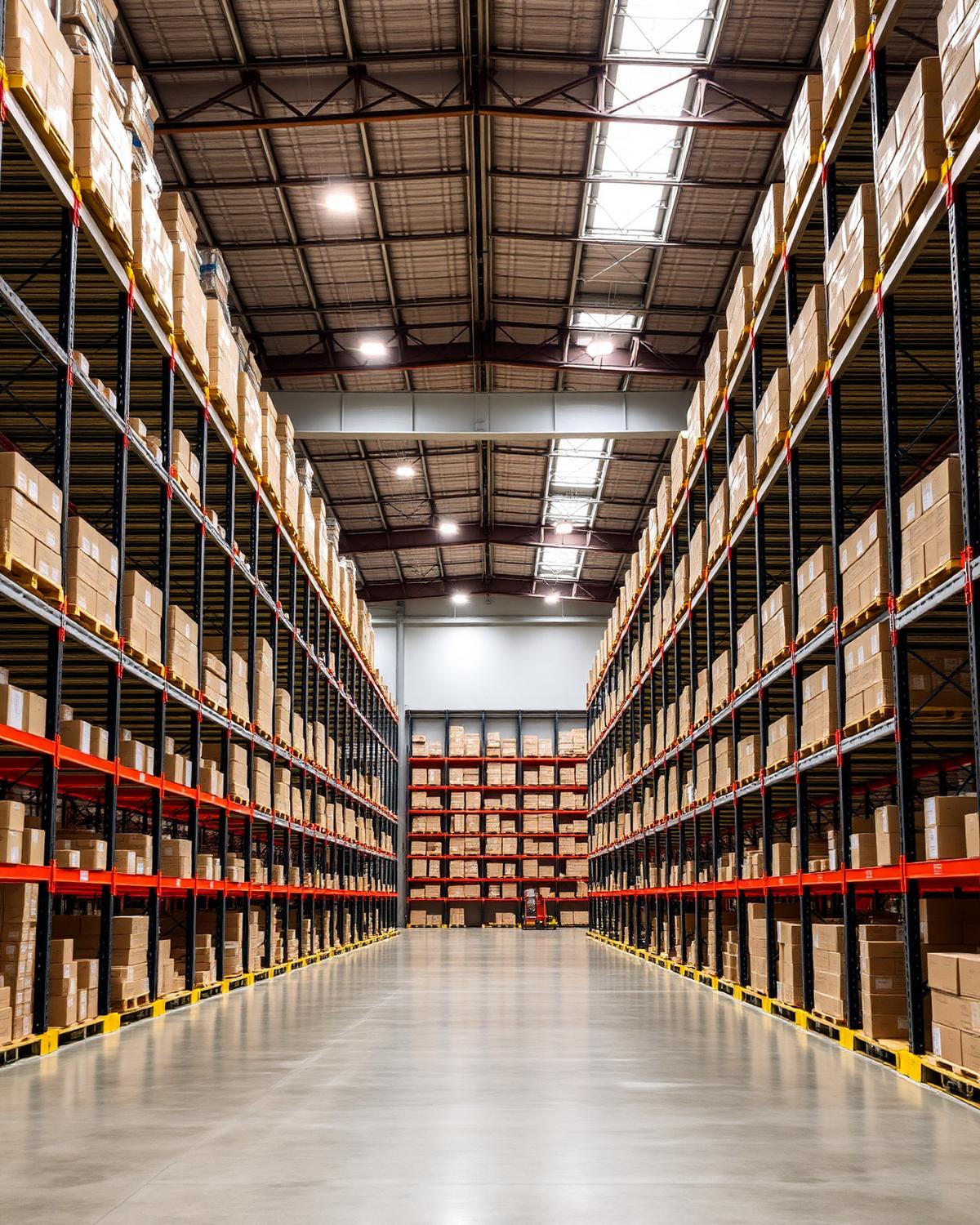 Interior of a modern distribution warehouse with tall racking