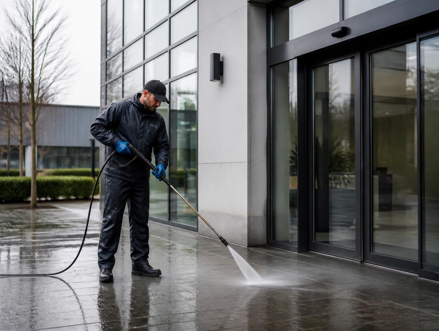 Operative pressure washing the paved entrance of a commercial building
