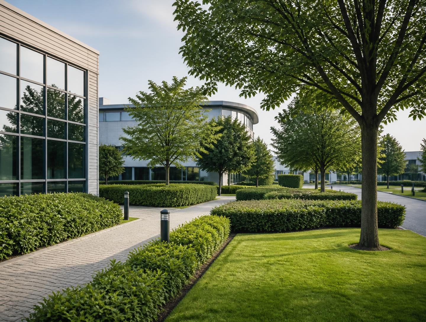 Professionally maintained grounds and clipped hedging at a UK business park