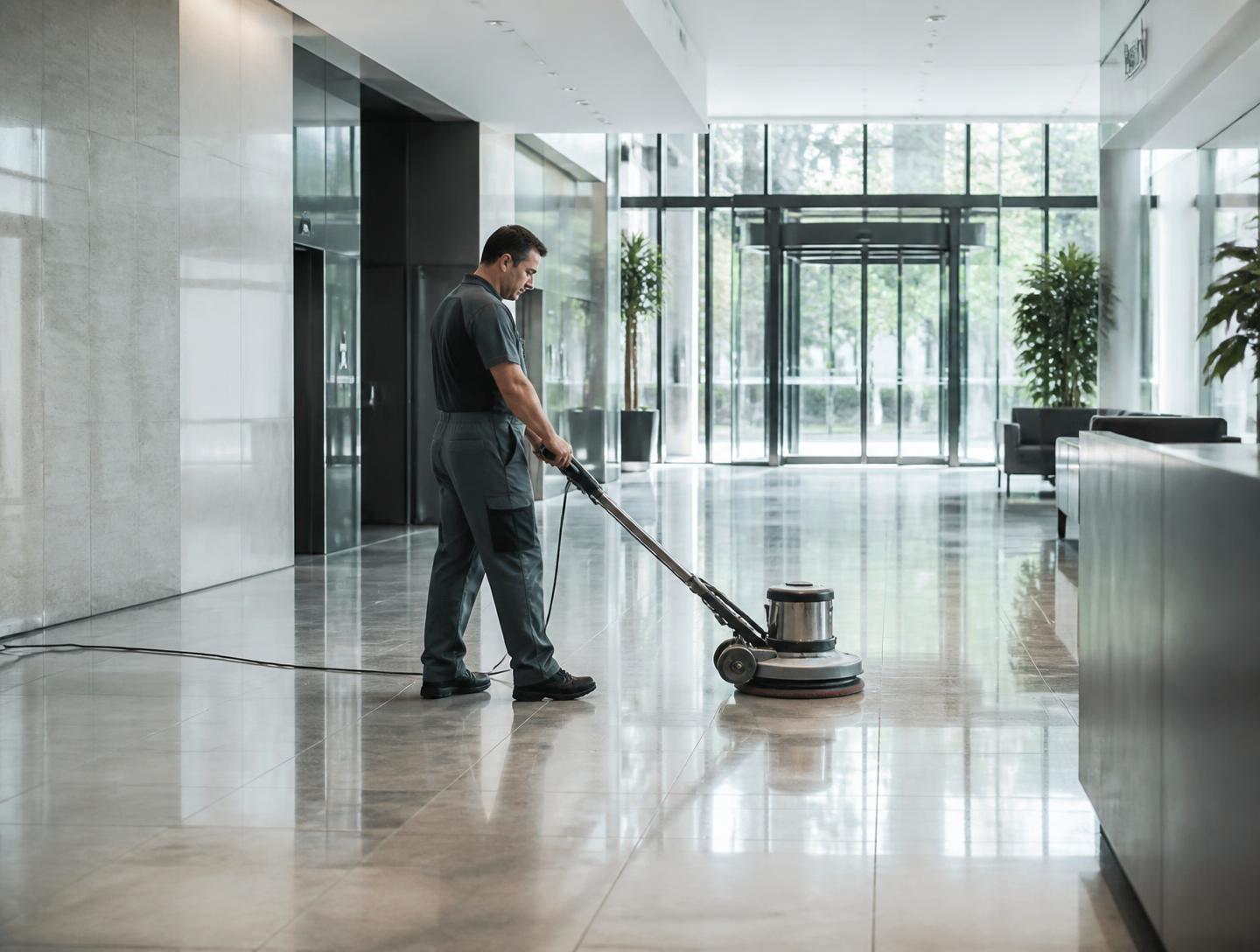 Janitorial operative machine-polishing the floor of a modern commercial office lobby